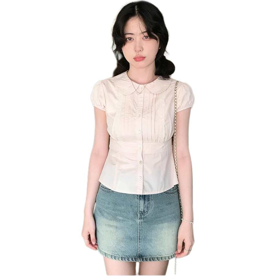 Cotton Gene Shirts Women's Pink Peter Pan Collar Thin Nipped In Waist