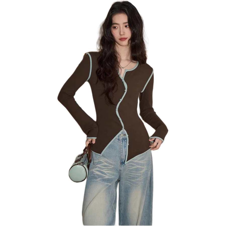 VENICEW T Shirts Women's Chocolate Brown V Neck Moderate Other