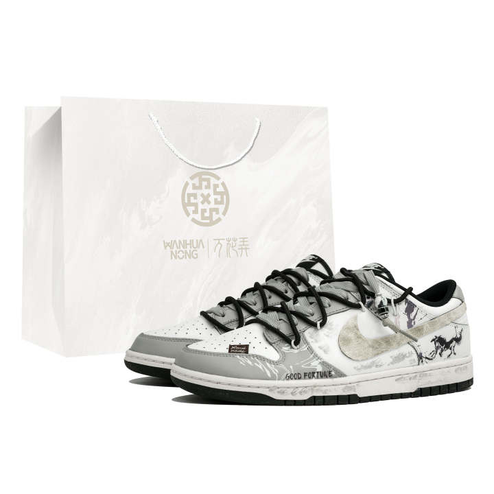 Nike Nike Dunk Myriad Flowers, Flying Pegasus, Shopping Bag Abrasion Resistant Low top Skateboard Shoes Men's Gray White