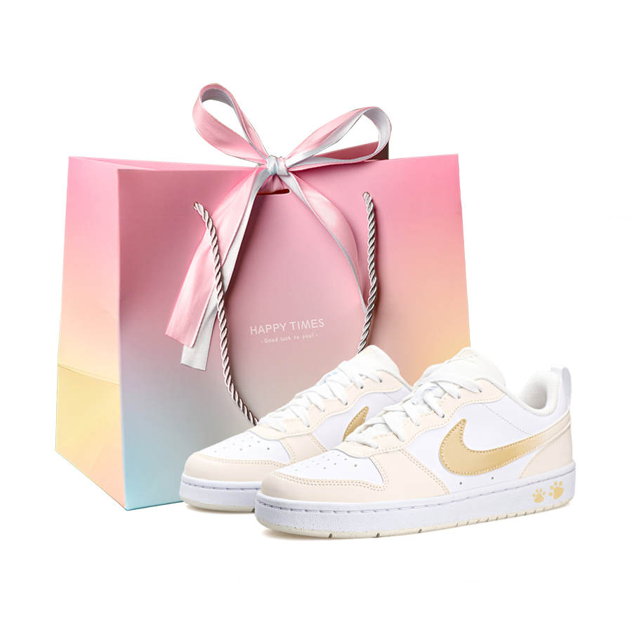 Nike Nike Court Borough Cute Little Paw Leather Slip Resistant Abrasion Resistant Low top Skateboard Shoes Women's Ecru Gold