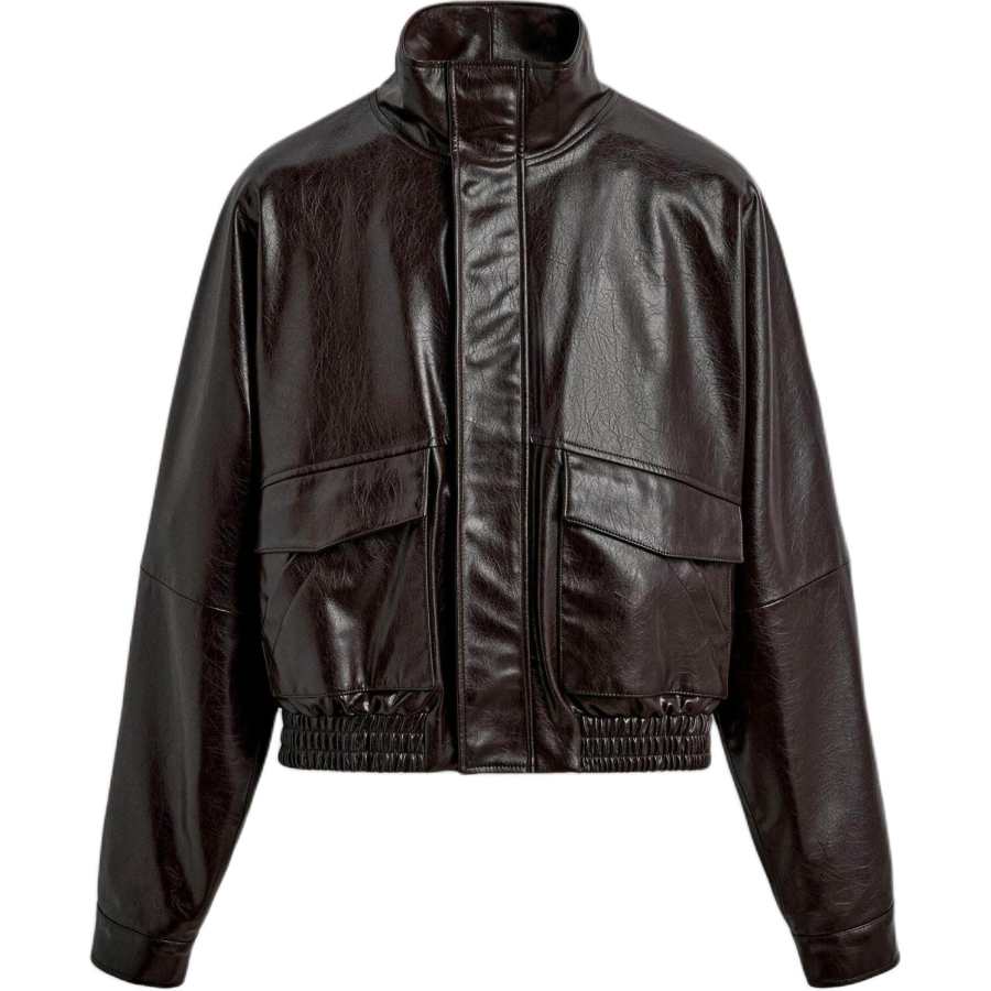 ZARA Leather Jackets Men's Brown Stand Collar Moderate