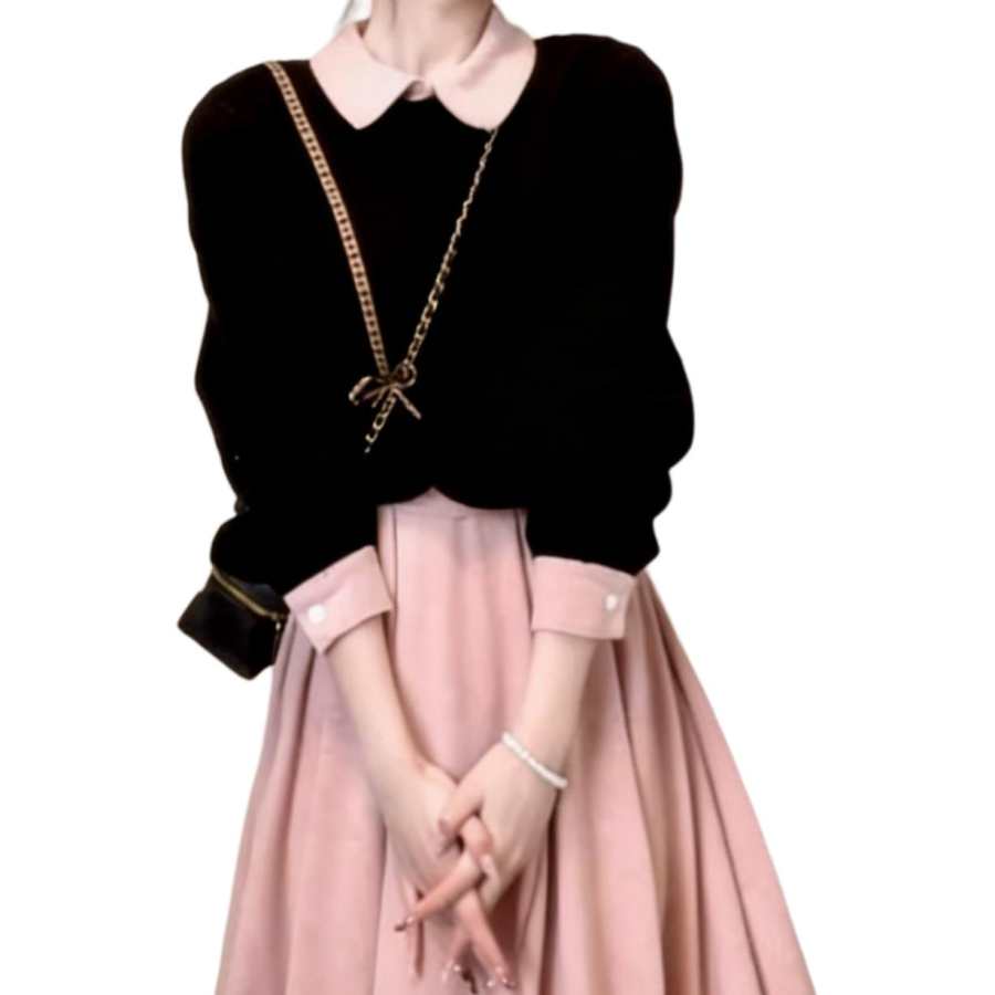 JBBCN Knitwear Women's Black Coat Peter Pan Collar Moderate Mock Two Piece