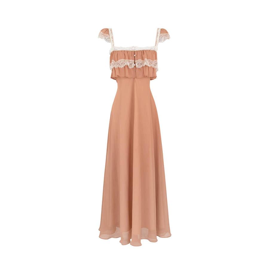 TUSHIFEI Slip Dresses Women's Sunset Orange Square Collar Thin Long