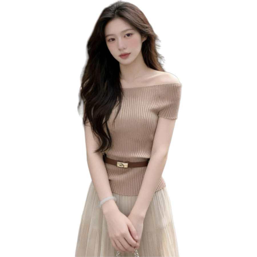 JBBCN T Shirts Women's Coffee Top Includes Belt Boat Neck Thin Straight Fit