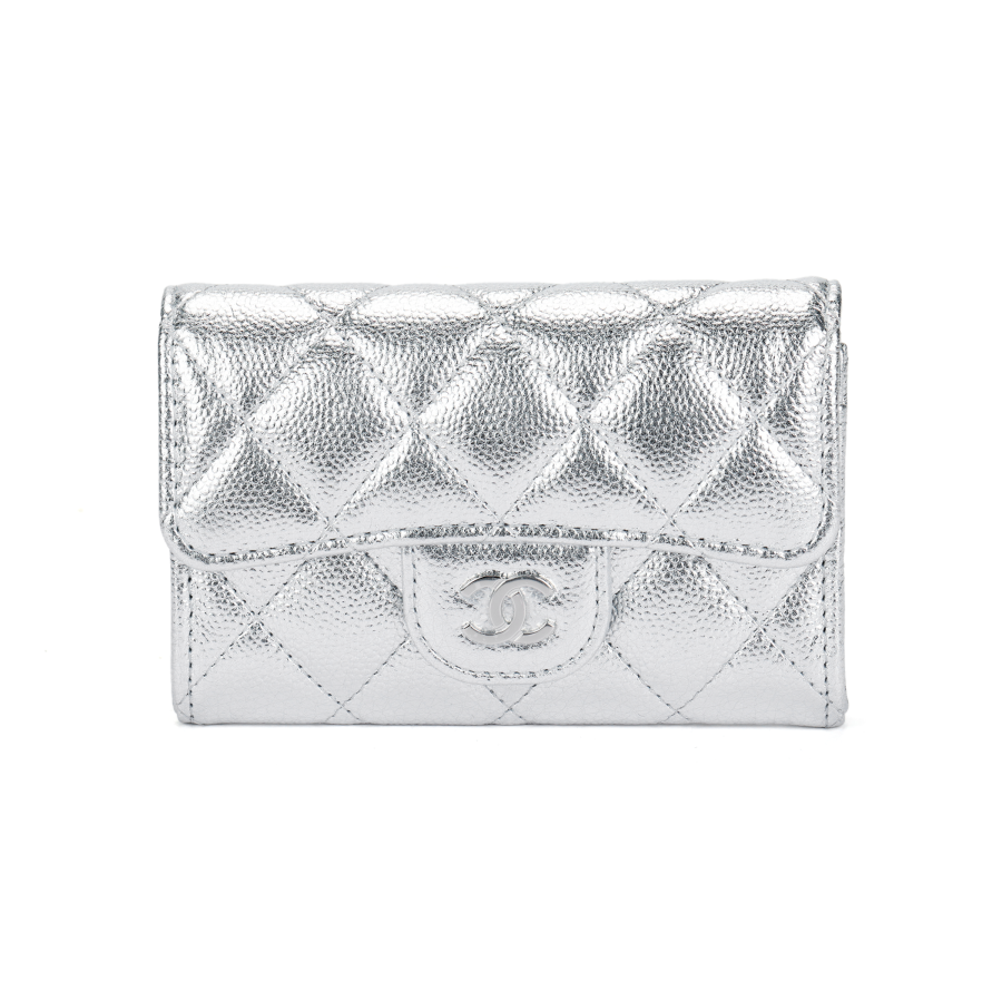 CHANEL Grain Calfskin & Metal Card Holder Women's Silver