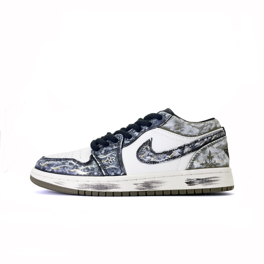 Jordan Jordan Air Jordan 1 Gothic Century Synthetic Leather Abrasion Resistant Low top Children's Basketball Shoes Black Green