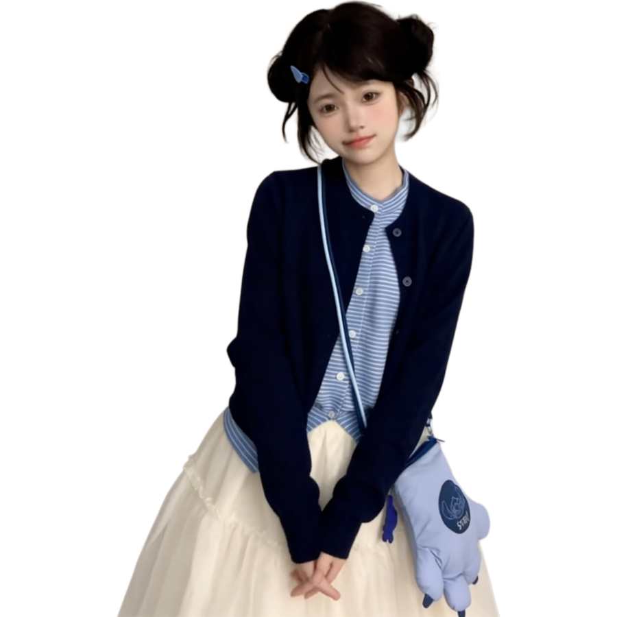 JBBCN Knitwear Women's Navy Blue Top Crew Neck Moderate Cardigan