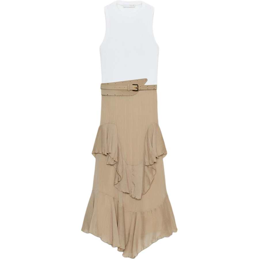 ZARA Sleeveless Dresses Women's Camel/White Crew Neck Moderate