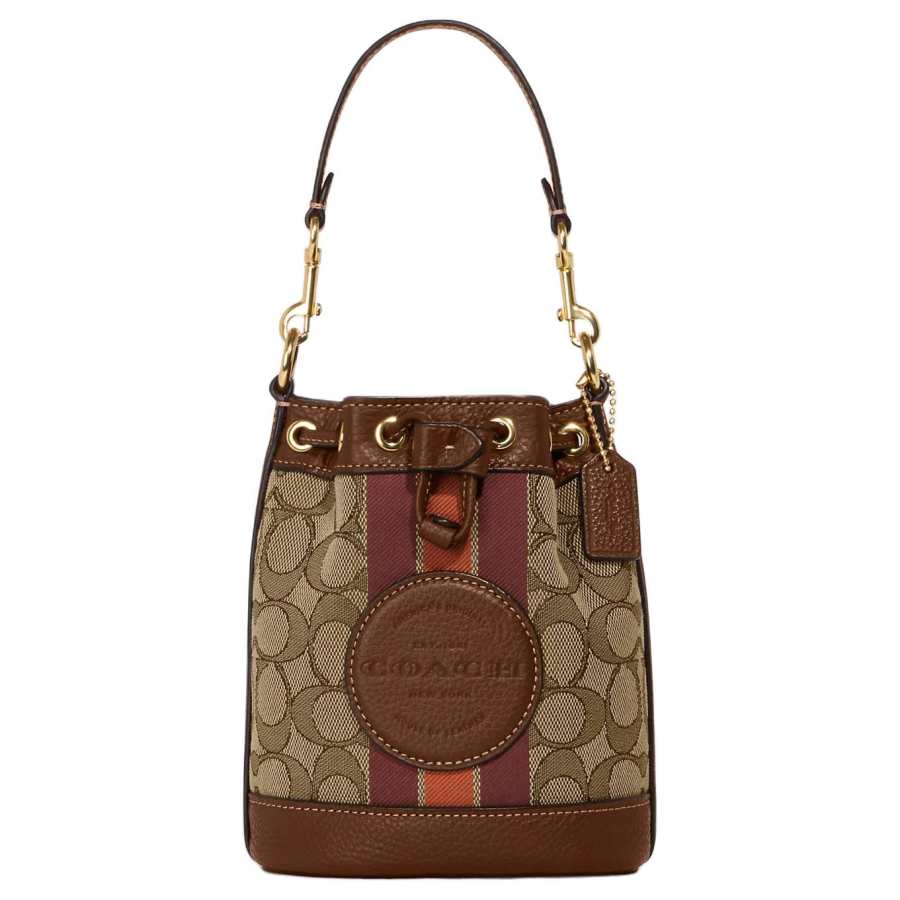 COACH Dempsey Fabric With Cow Leather Bucket Bag Handbag Mini Women's Elephant Gray & Brown