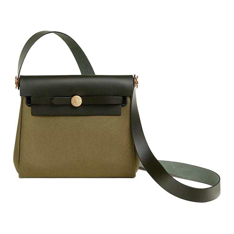 HERMES Herbag Zip Canvas With Hunter Cow Leather Crossbody Bags Women's Olive Green & Khaki