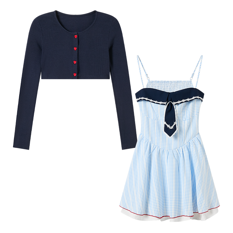 FABRIC PIG Two Piece Skirt Sets Women's Blue Cardigan+Camisole Dress+Comes With Brooch Navy Collar Thin Short