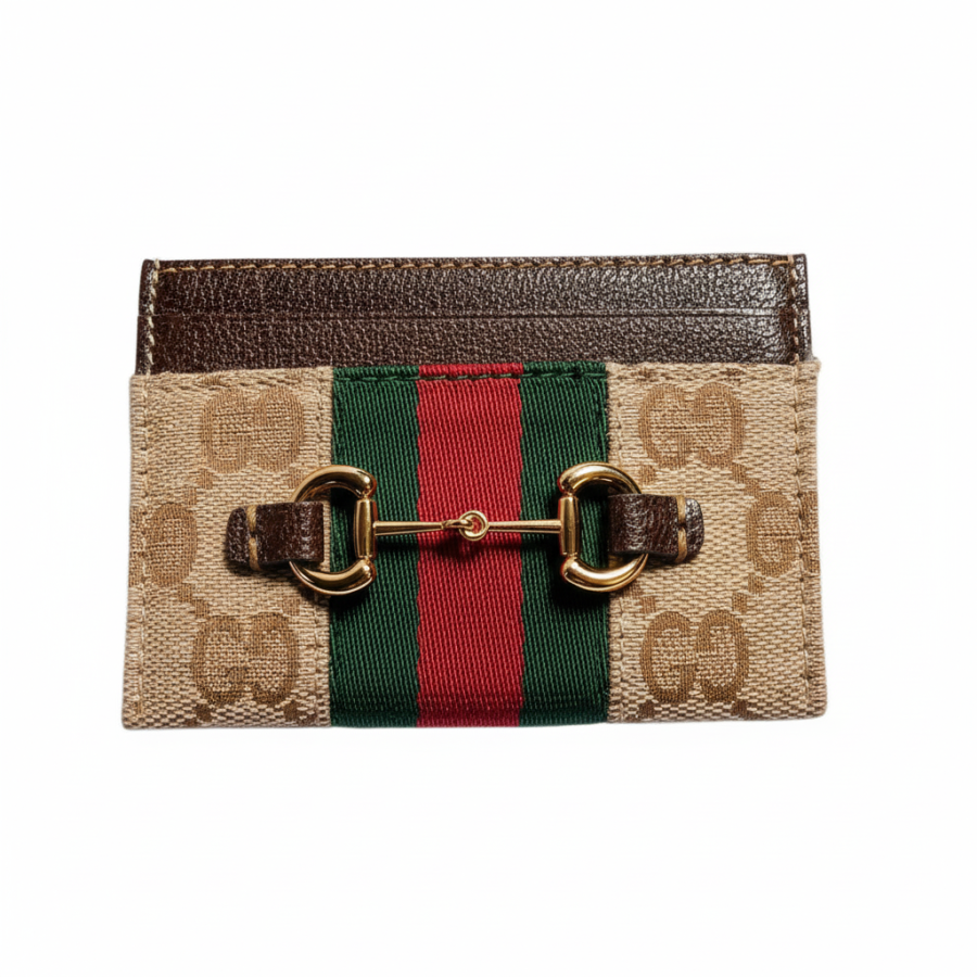 GUCCI Horsebit Canvas Card Holder Women's Sand & Brown