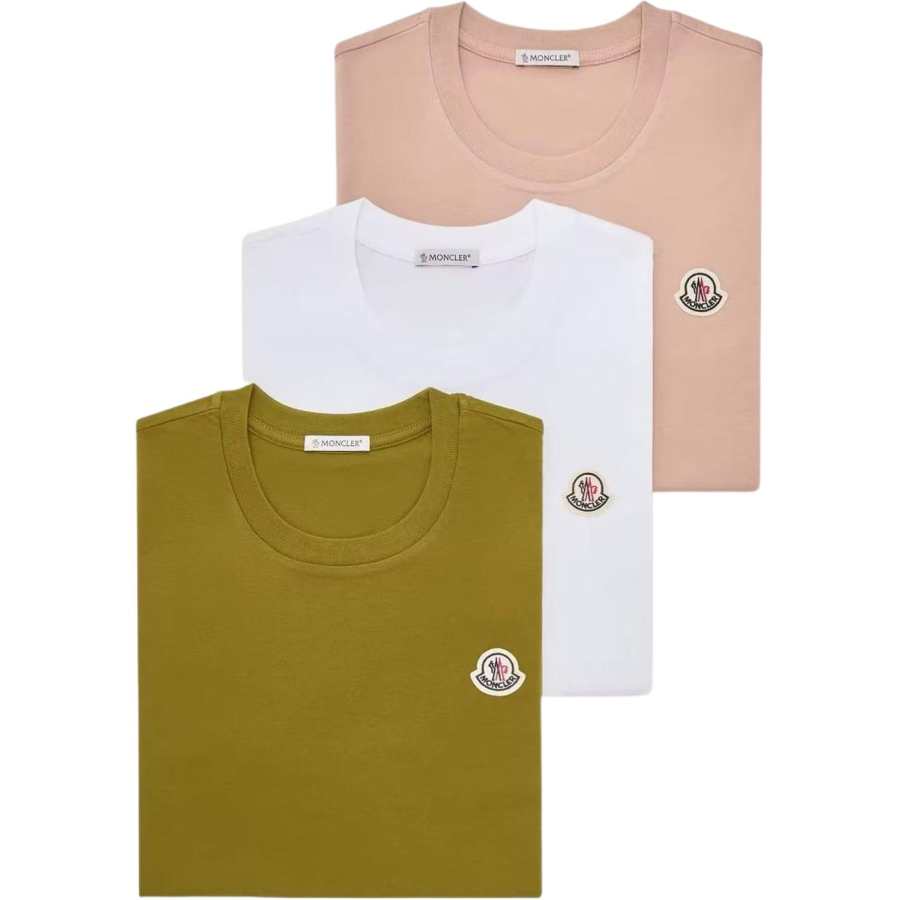 Moncler T Shirts Women's 3 Pack White+Olive Green+Pink Crew Neck