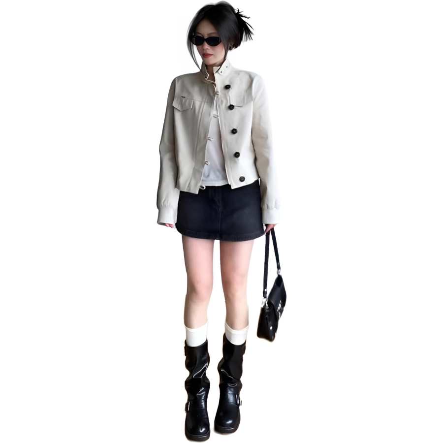 Cotton Gene Jackets Women's Beige Gray Stand Collar Moderate Soft Shell