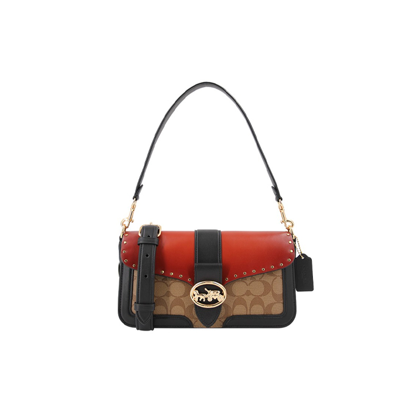 COACH Georgie Cow Leather God Of Wine Bag, Shoulder Bag, Portable Crossbody Bag Large Women's Red & Brown Monogram