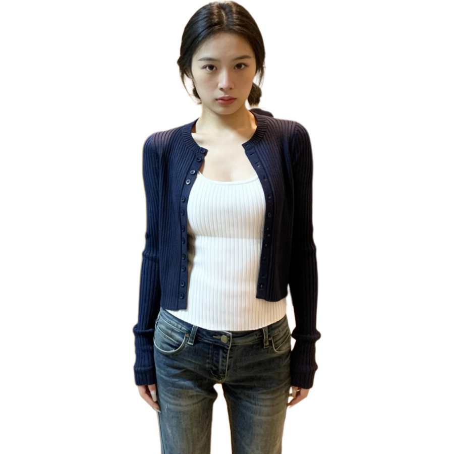 Cotton Gene Knitwear Women's White Inner Navy Blue Cardigan Crew Neck Thin Two Piece Set
