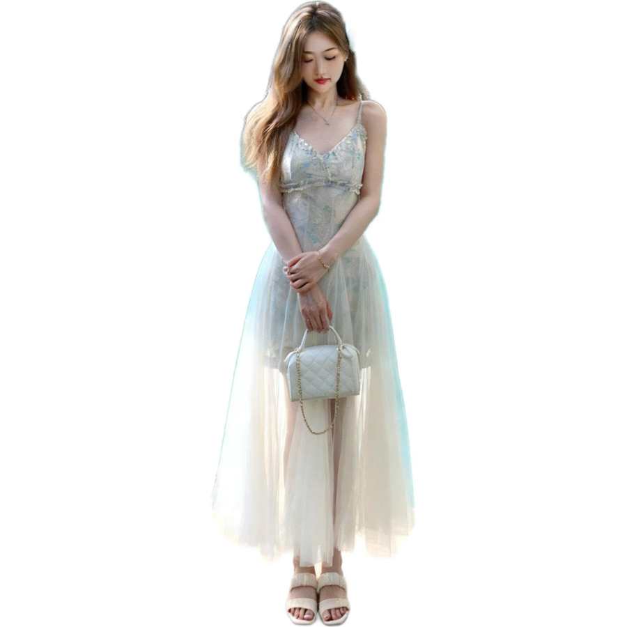 JBBCN Slip Dresses Women's Apricot Green V Neck Thin Long