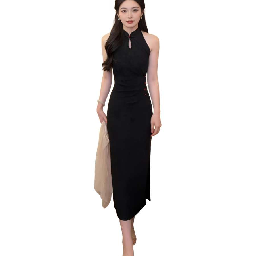JBBCN Sleeveless Dresses Women's Black Stand Collar Moderate Long