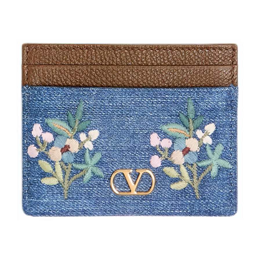 Valentino VLogo Signature Cow Leather Card Holder Women's Denim Blue & Brown