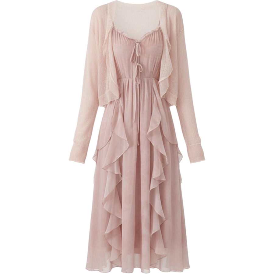 CHARM GLOW Slip Dresses Women's Pink Cardigan+Pink Dress Square Collar Thin Long