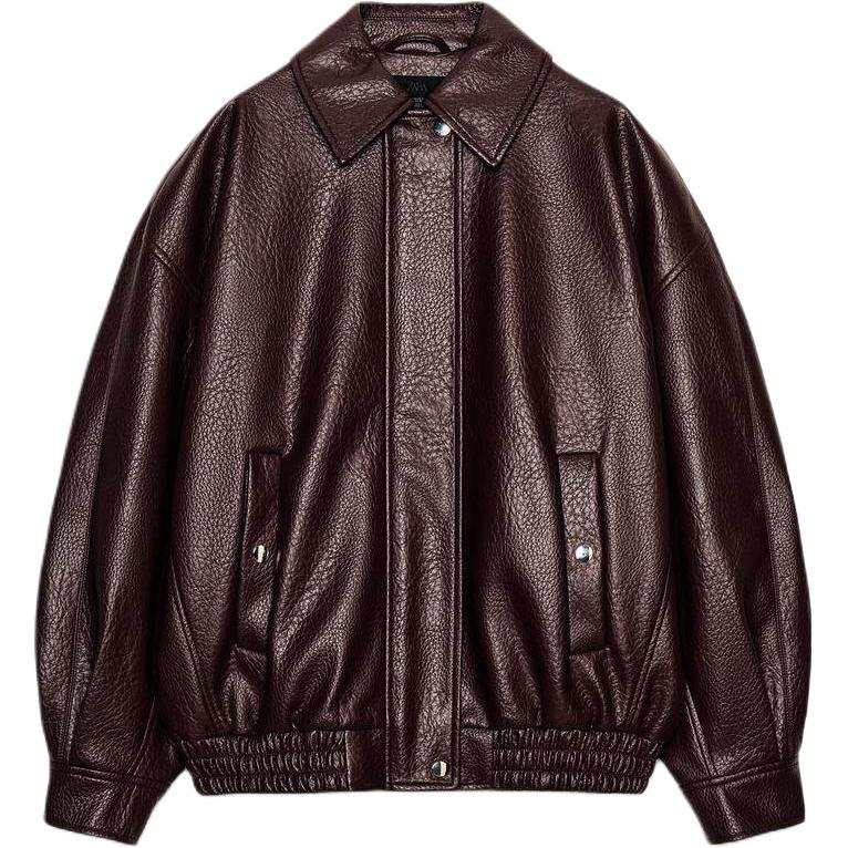 ZARA Leather Jackets Women's Burgundy Lapel Moderate