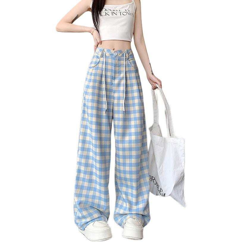 JBBCN Casual Pants Women's Blue Plaid Thin Wide Leg Pants