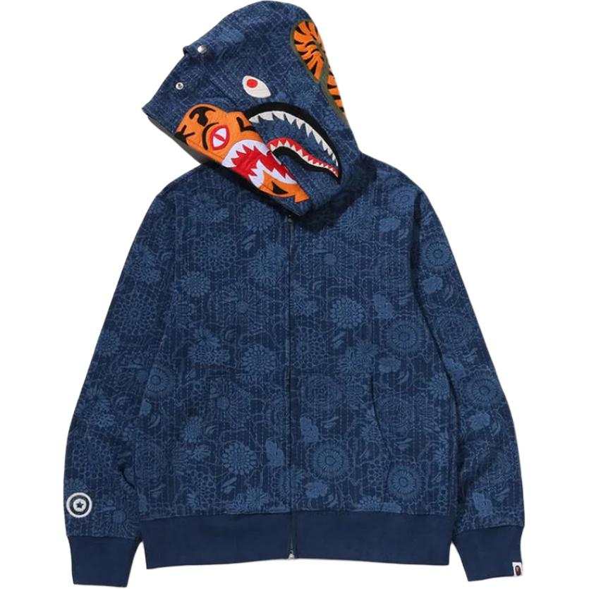 A BATHING APE Japanese Indigo Art Camo Double Tiger Shark Full Zip Hoodie Sweatshirt Unisex