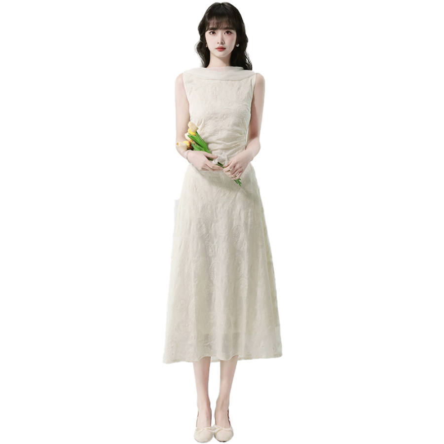 CPAURA Sleeveless Dresses Women's Apricot Boat Neck Thin Long