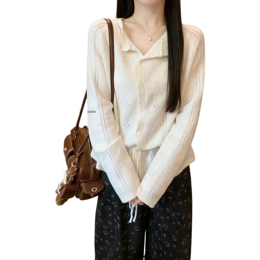 JBBCN Knitwear Women's Ecru Polo Collar Moderate Cardigan