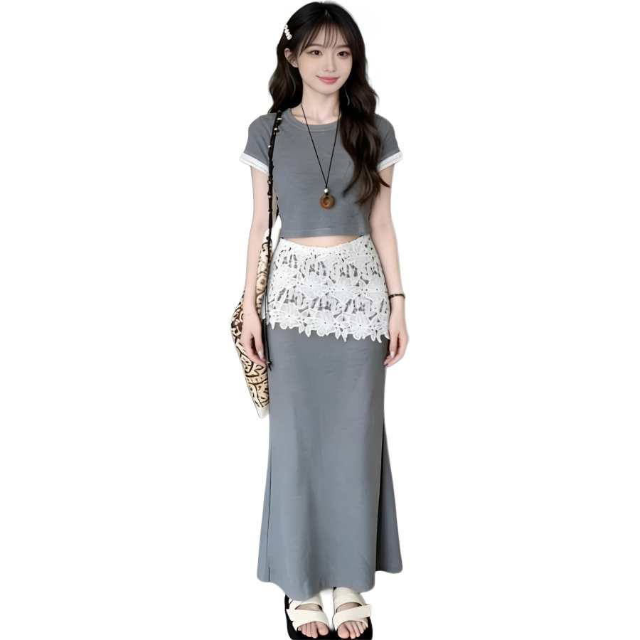 Cotton Gene Two Piece Skirt Sets Women's Crew Neck Moderate Long