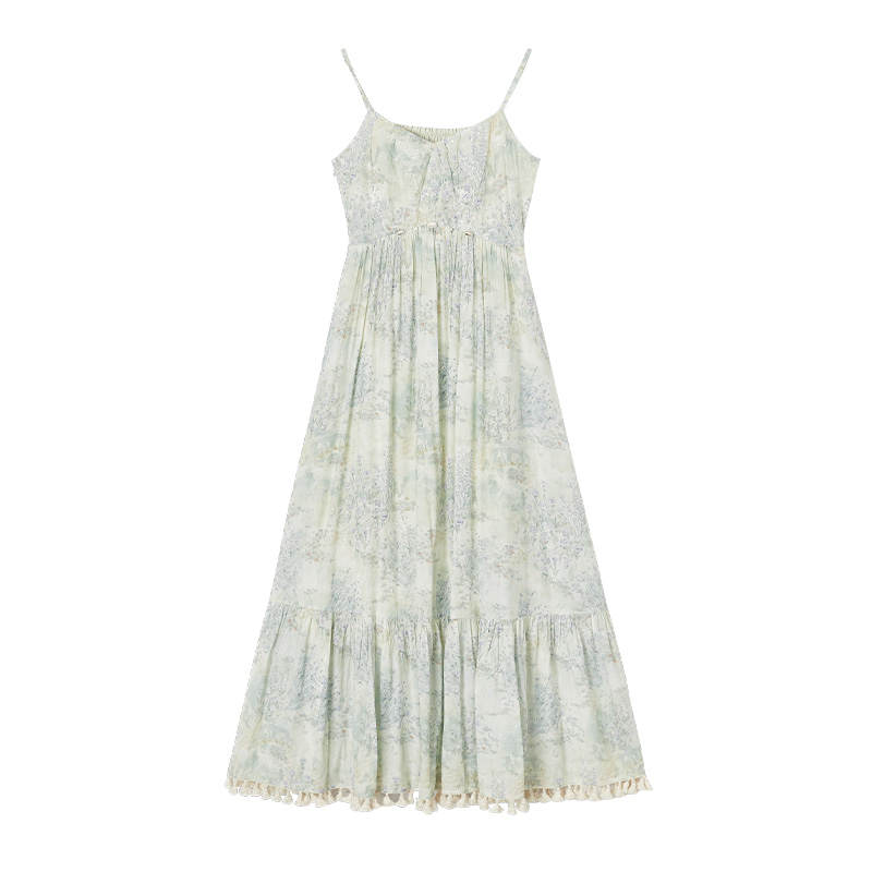 XIANGYING Slip Dresses Women's Green V Neck Thin Mid Length
