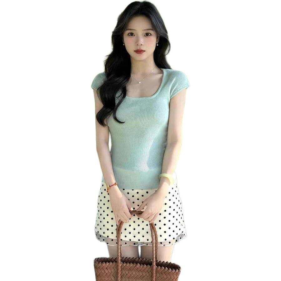 Cotton Gene Two Piece Skirt Sets Women's Square Collar Thin Short