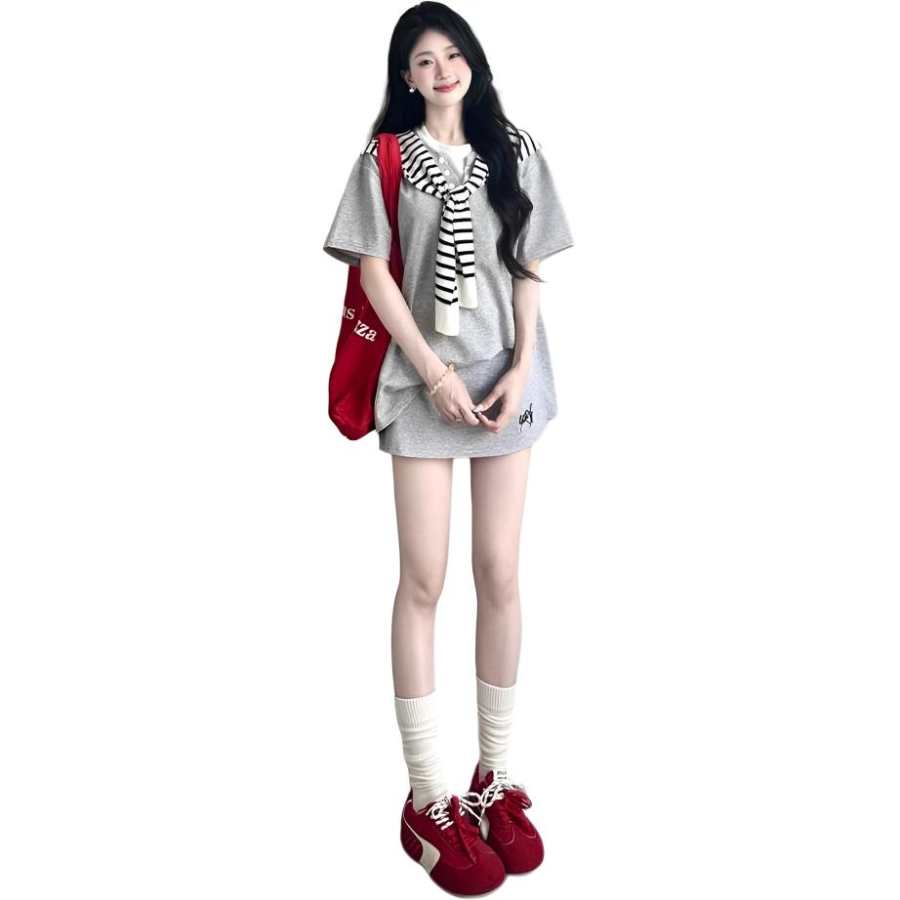 Cotton Gene Two Piece Skirt Sets Women's Crew Neck Thin Short