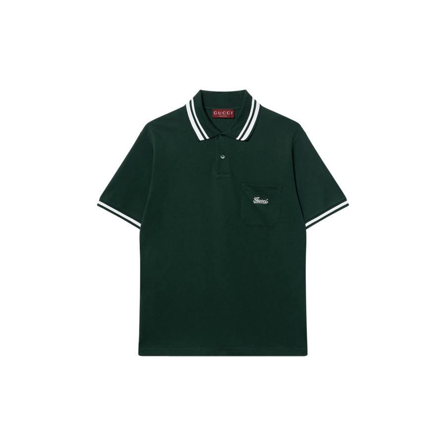 GUCCI Stripe Trim Logo Embroidered Polo Shirt