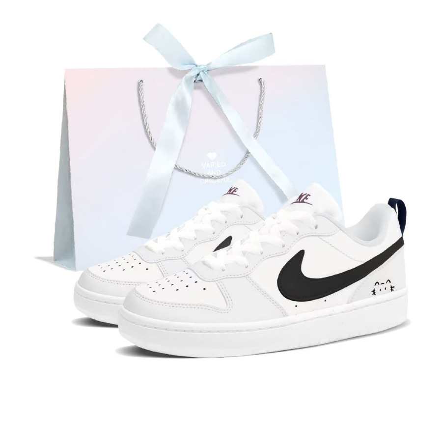 Nike Nike Court Borough Little Black Cat Leather Slip Resistant Low top Skateboard Shoes Women's Black White Gray