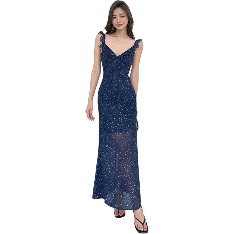 JBBCN Slip Dresses Women's Dark Blue V Neck Moderate Long