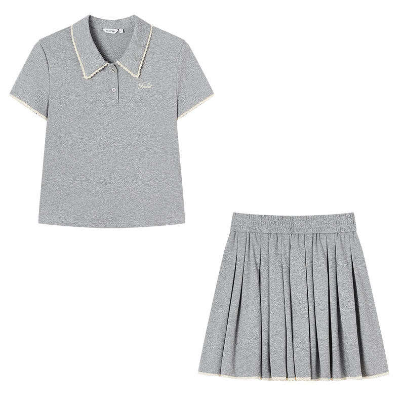 XIANGYING Two Piece Skirt Sets Women's Light Gray Polo Collar Moderate Short