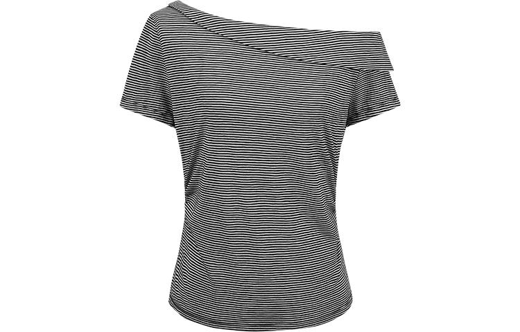 URBAN REVIVO T Shirts Women's Black Stripes Asymmetrical Collar