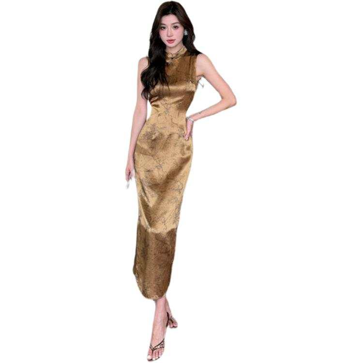 JBBCN Sleeveless Dresses Women's Gold Stand Collar Moderate Long