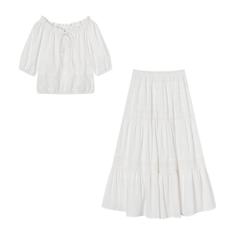 XIANGYING Two Piece Skirt Sets Women's White Ruffle Collar Moderate Mid Length