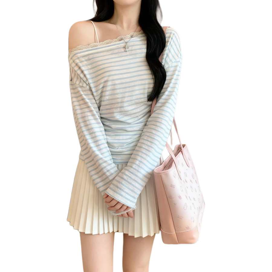 JBBCN T Shirts Women's Blue Stripes Boat Neck Thin Mock Two Piece