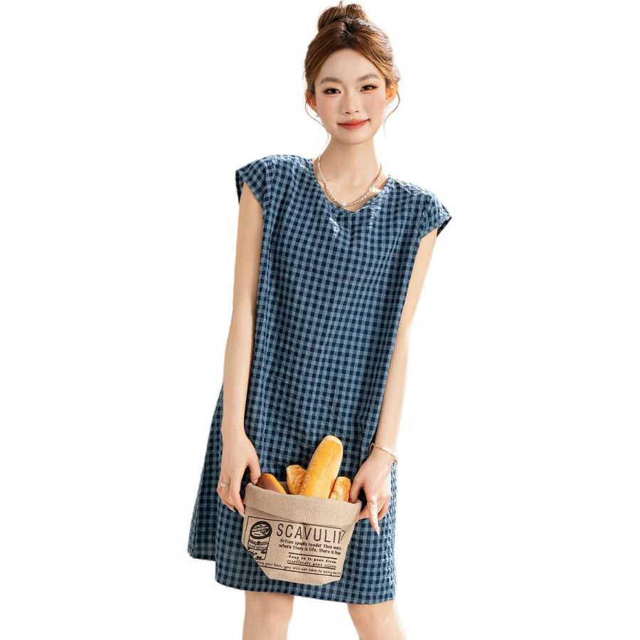 BALENO Short Sleeved Dresses Women's Blue Plaid Crew Neck Moderate Mid Length