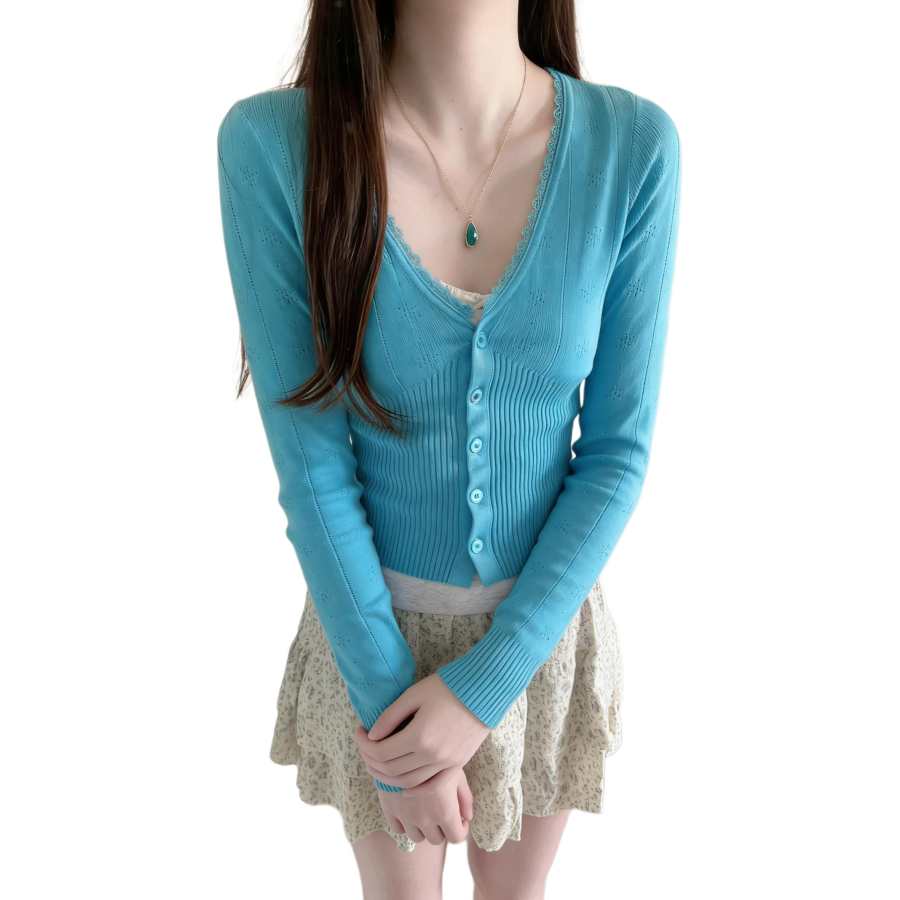 JBBCN Knitwear Women's Blue V Neck Thin Cardigan