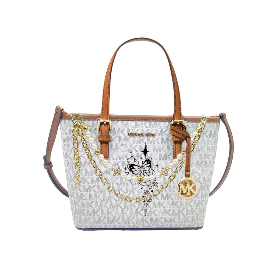MICHAEL KORS Jet Set Leather Tote Handbag Mini Women's White With Brown Edge