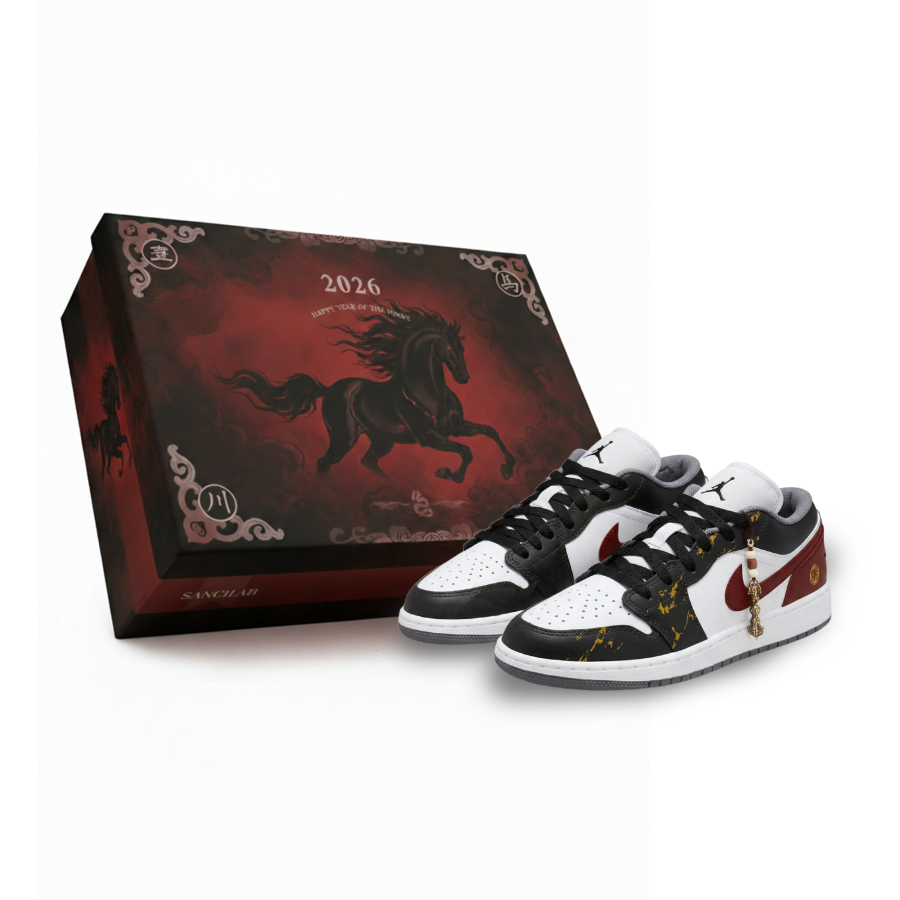 Jordan Jordan Air Jordan 1 Golden Pattern Galloping Low top Children's Basketball Shoes Black Red Unisex