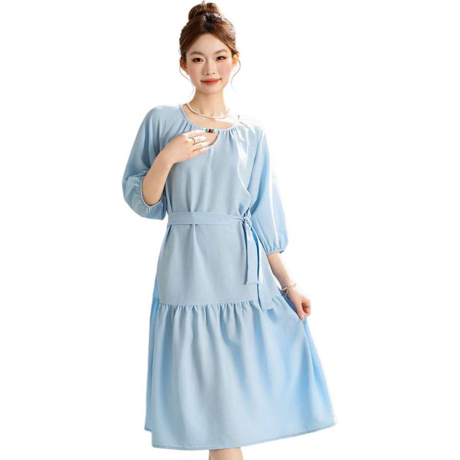 BALENO Short Sleeved Dresses Women's Sky Blue Lace Up Moderate Mid Length