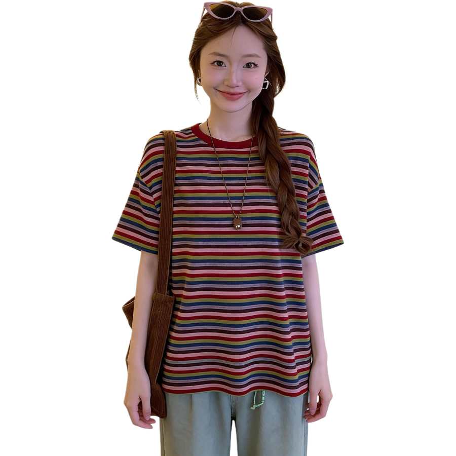 VENICEW T Shirts Women's Stripes Crew Neck