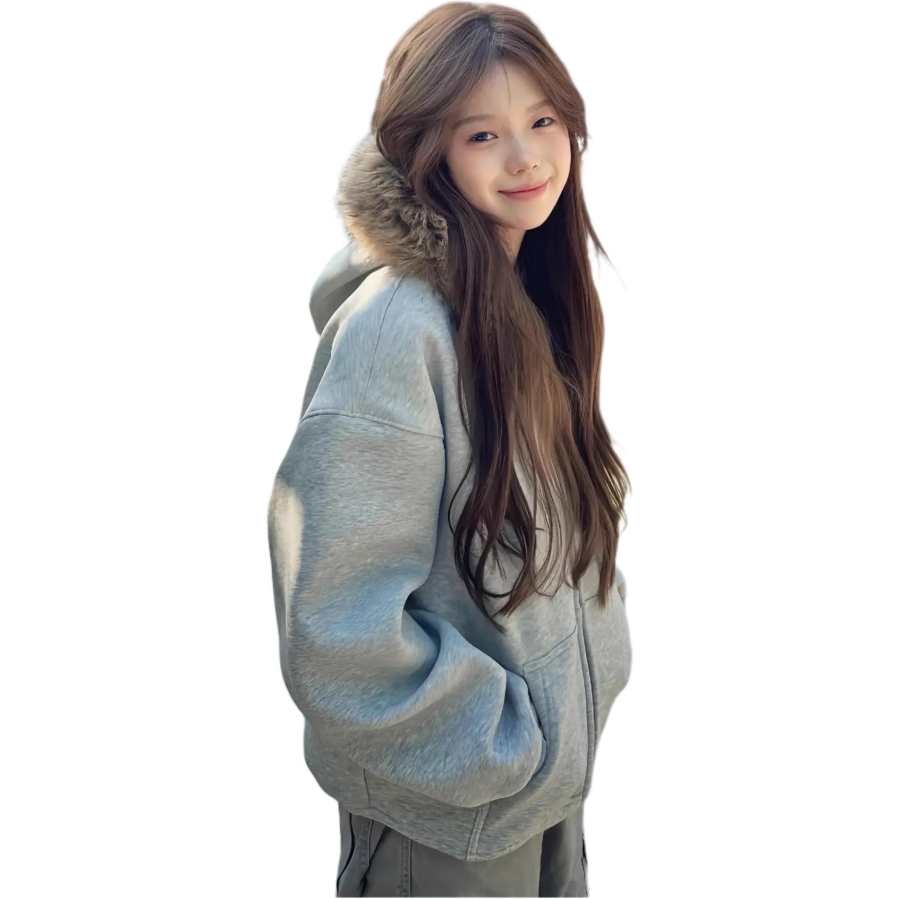 JBBCN American Vintage Fur Collar Cardigan Hooded Fleece Lined Women's Fall Winter Casual Loose Fit Zippers Sweatshirt