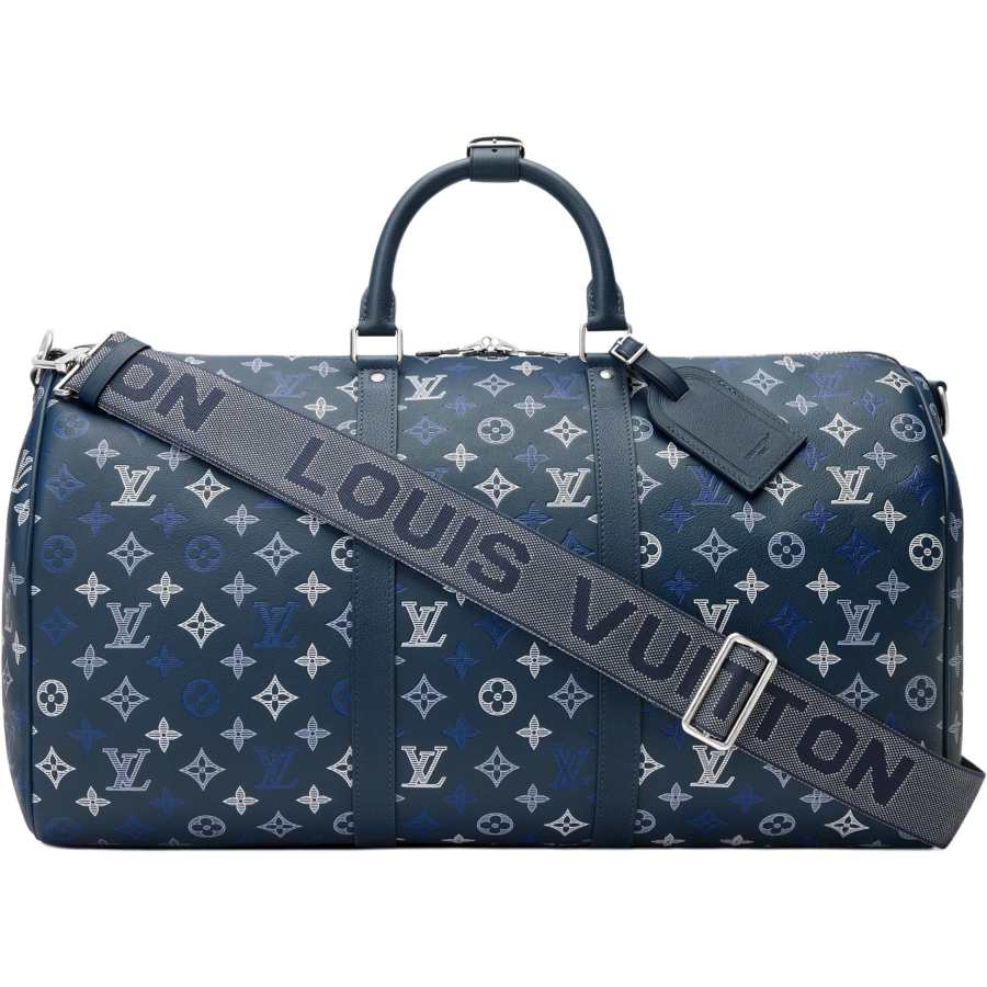 LOUIS VUITTON Keepall Monogram Shadow Cow Leather Travel Bag Men's Dark Blue