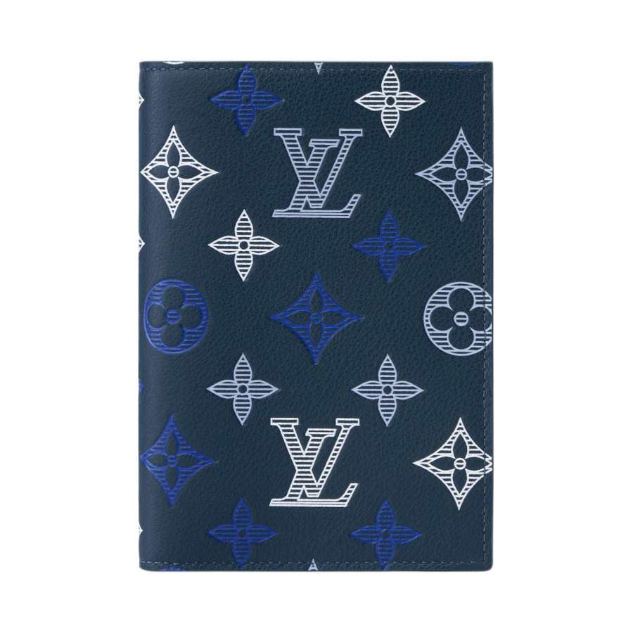 LOUIS VUITTON Monogram Shadow Cow Leather Passport Holder Men's Dark Blue